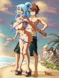 1boy 3girls aqua_(konosuba) beach being_watched bikini blue_eyes blue_hair blue_nails breast_grab breasts_out breasts_out_of_bikini clothed_sex creampie cum cum_in_pussy cum_inside darkness_(konosuba) female gryx high_heels kono_subarashii_sekai_ni_shukufuku_wo! looking_pleasured male megumin multiple_girls nail_polish satou_kazuma sea sex standing standing_sex swimming_trunks swimsuit tongue_out wedge_heels