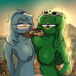 2girls annoyed_expression areolae argentina_(countryhumans) arms_behind_back big_breasts brazil_(countryhumans) breasts_pressed_against_partner countryhumans countryhumans_girl eyelashes hair kingkokoko35 nipples nude_female shiny_breasts sunglasses_on_head thin_waist world_cup young_female