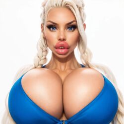 ai_generated bikini_top bimbo bimbo_lips blonde_hair blue_eyes braided_hair caphalorthrow huge_lips massive_breasts white_background