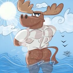 10s 2018 ambient_bird angry anthro anthro_only antlers ass back beach big_butt big_muscles blue_eyes blue_sky clothing cloud crossed_arms dated day deer freaky_mode_on furry furry_male furry_only hi_res horn light male male_only mammal moose muscular muscular_back muscular_male new_world_deer nickbravecomics nickelodeon nicktoons nude ocean public public_nudity sea sharing_moose shirt signature sky solo sun sunlight t.u.f.f._puppy tail topwear water wave wet wet_body wet_clothing wet_shirt wet_topwear white_clothing white_shirt white_topwear