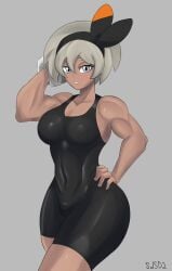 1girls bare_arms bare_legs bare_shoulders bare_thighs bea_(pokemon) big_breasts clothed clothing color dark-skinned_female dark_skin female female_focus female_only fit_female game_freak grey_eyes grey_hair gym_leader hi_res large_breasts looking_at_viewer muscles muscular muscular_female nintendo pokemon pokemon_ss pokemon_trainer short_hair sol-sama_d2 solo solo_female sweat tagme thick_thighs