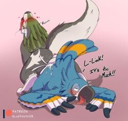 absurd_res anal anal_sex anthro anthro_on_feral anthro_penetrated anus ass ass_to_ass avian balls beak bird blue_body blue_feathers blue_fur bluepanda115 blush bodily_fluids breath_of_the_wild canid canine canis cum cum_on_butt duo ear_piercing feathers feral feral_penetrating feral_penetrating_anthro fingerless_(marking) fur gay gay_sex genital_fluids genitals green_body green_fur green_hair hair hi_res kass_(tloz) kass_(zelda) link looking_pleasured male male/male male_penetrated male_penetrating male_penetrating_male mammal markings nintendo nude penetration piercing rito sex the_legend_of_zelda tongue tongue_out twilight_princess white_body white_feathers wolf wolf_link yellow_body yellow_feathers zoophilia