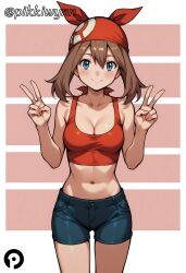 ai_generated bandana bangs bike_shorts blue_eyes blush breasts brown_hair cleavage closed_mouth collarbone cowboy_shot crop_top double_v female hair_between_eyes hands_up looking_at_viewer may_(pokemon) medium_breasts midriff navel pikkiwynn pokemon red_bandana shirt short_shorts shorts sleeveless smile solo stomach v
