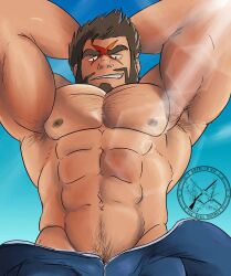 archie_(pokemon) armpit_hair balls bara beard body_hair facial_hair hands_behind_head koibitohw male male_only muscles muscular nintendo penis pokemon shirtless solo solo_male team_aqua