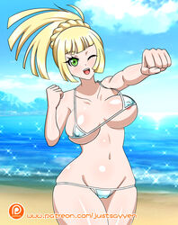 1girls alternate_hairstyle areolae beach big_breasts bikini blonde_hair breasts eye_contact female green_eyes happy lillie_(pokemon) long_hair looking_at_viewer micro_bikini nintendo one_eye_closed pokemon pokemon_sm ponytail solo standing thick_thighs wide_hips yensh