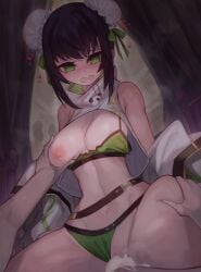 1boy bare_shoulders belt bikini black_hair breasts bun_cover cleavage collarbone cowgirl_position cowgirl_position double_bun fate/grand_order fate_(series) female grabbing grabbing_another's_breast green_bikini green_eyes green_ribbons group_sex hair_bun hair_ribbon jacket large_breasts long_sleeves looking_at_viewer m0_chi navel nipples off_shoulder open_clothes open_jacket open_mouth pussy qin_liangyu_(chainsaw_of_the_dead)_(fate) qin_liangyu_(fate) ribbon sex sidelocks spread_legs straddling straight swimsuit thighs vaginal_penetration white_jacket