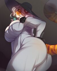 1girls alcina_dimitrescu_(cosplay) anthro ass big_breasts braid buxbi buxbi_(character) cleavage dress female female_only fur furry furry_only glowing_eyes green_highlights hand_on_hip hat looking_at_viewer orange_fur pantherine resident_evil resident_evil_8:_village solo solo_female striped_fur tail thick_thighs tiger viewed_from_below white_hair