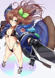 1girls arms_up bikini brown_hair child_bearing_hips cleavage confident green_eyes hair_ornament if_(neptunia) ill_(0022) legs light-skinned_female long_hair looking_at_viewer medium_breasts navel neptunia_(series) open_clothes open_jacket open_toe_shoes petite pose small_breasts smile solo thick_thighs thighs thong_bikini weapon