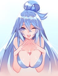 aqua_(konosuba) ass big_ass blue_eyes blue_hair blush bra breasts c.cu cum cum_on_breasts cum_on_face ejaculation_between_breasts kono_subarashii_sekai_ni_shukufuku_wo! nanoless paizuri schoolgirl sex stand_and_carry_position sweat tagme titjob upper_body winking