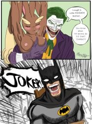 1girls 2boys batman berserk berserk_reference brown_skin closed_eyes comedy comic crossover dc dc_comics dominant_male eastern_and_western_character embarrassed female forced_to_watch green_hair hand_on_breast humiliation imminent_sex interspecies joker lagomorph laugh lopunny meme meme_reference mengao nipples on_chair panting pokemon pokemon_(species) pokephilia possible_rape rope screaming superhero text_box there_are_no_laws_against_pokémon,_batman villain voyeurism watching