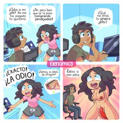 big_breasts big_nipples black_hair comic comics-toons dragon_dildo elena_(elenamics) elenamics erection long_hair luis_(elenamics) motoanexo small_penis_humiliation spanish_text translated xmdfks