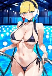 1girls ai_generated bare_arms bare_legs bare_shoulders bare_thighs bikini bikini_bottom bikini_top blonde_hair blue_eyes blush clothed clothing color elesa_(pokemon) elesa_(pokemon_bw) female female_focus female_only game_freak gym_leader hi_res light-skinned_female light_skin looking_at_viewer nintendo pokemon pokemon_bw pokemon_trainer pool short_hair solo solo_female tagme thick_thighs truck_kun water