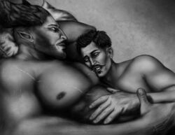 2boys anthro arm_behind_head artist_signature asleep bald bara beard biceps big_muscles black_and_white canon_couple closed_eyes colorless couple crimsonfantoma cuddling cute dark_hair dorian_pavus dragon_age dragon_age_inquisition drool drooling drooling_on_partner duo facial_hair gay gay_male hand_on_chest horn horns human iron_bull mage male male/male male_only monochrome moustache moustache muscles muscular muscular_male nipples pansexual_male pecs pillow pointy_ears qunari saliva scar scars shirtless shirtless_male size_difference sleep sleeping sleeping_together video_games yaoi