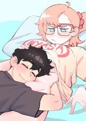 1boy 1girls almost_naked annoyed bigger_male blush bottomless bottomless_female bracelet chubby chubby_female closed_eyes colo cuddling cute duo glasses hand_on_head happy hips hugging kyler_(colo) laying_on_bed laying_on_stomach long_hair original pillow rita_(colo) secretly_loves_it shirt shirt_only short_hair smiling squish sweet_hex tummy underboob wholesome