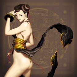 alternate_costume ass backless_outfit bracelet brown_eyes brown_hair chester_ocampo chun-li commentary double_bun earrings elpinoy english_commentary eyeshadow female flat_ass hair_bun jewelry makeup panties pelvic_curtain photoshop_(medium) short_hair smile solo spiked_bracelet spikes street_fighter thong underwear