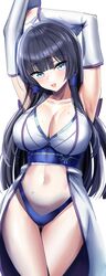 1girls adamant369 armpits arms_above_head arms_up astaroth_the_ice_queen big_breasts black_hair blue_eyes cameltoe cleavage combatants_will_be_dispatched! exposed_belly exposed_legs female female_only flushed_face happy happy_female hime_cut hourglass_figure leotard lifting_arms long_hair obi sash stretching sweat sweatdrop thick_thighs thigh_gap wide_hips