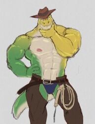 abs anthro clothed clothing cowboy crocodilian food food_creature glitch_productions green_body gummigoo_(the_amazing_digital_circus) gummy_(food) gummy_creature hand_on_hat hat humanoid jaxdoggo_ig living_candy male_focus male_only mammal multicolored_body muscular muscular_anthro muscular_male pecs reptile scalie seductive seductive_look simple_background smile solo the_amazing_digital_circus yellow_body