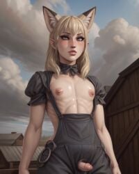 1boy abs ai_generated androgynous animal_ears barn big_areola blonde_hair blue_eyes blue_sky blush bow bowtie building civitai clouds cloudy_sky day daytime digital_media_(artwork) digital_painting_(artwork) elf fantasy female femboy flat_chest flat_chested fox_ears grey_eyes hybrid intosica looking_at_viewer male male_only medieval multi_ear nipples otoko_no_ko outdoors overalls pale_skin pecs pectorals penis petite pink_nipples pointy_ears portrait puffy_sleeves ribs shiny_skin short_hair slim small_penis solo solo_focus standing straps throbbing_penis toned white_skin wood