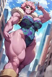 abdomen ai_generated ashido_mina big_breasts big_hips big_thighs bigger_female boku_no_hero_academia boots city hero_outfit_(mha) leotard mask mina_ashido muscular_arms muscular_female muscular_legs muscular_thighs my my_hero_academia peace_sign pink_hair pink_skin superheroine vest