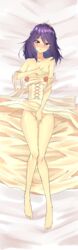 barefoot bed_sheet blush cosplay covering covering_breasts covering_crotch dakimakura dress dress_lift dress_pull embarrassed fault_milestone gown latifa_fleuranza_(cosplay) looking_at_viewer no_panties pink_dress princess purple_eyes purple_hair ritona_reighnvhasta tiara