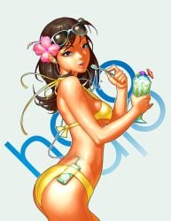 ass bikini breasts brown_eyes brown_hair chester_ocampo copyright_request cowboy_shot digital_media_player earphones elpinoy eyewear_on_head female flower food from_side hair_flower hair_ornament hibiscus holding holding_spoon ice_cream ipod ipod_nano lips long_hair looking_at_viewer medium_breasts object_in_clothes object_in_swimsuit open_mouth outline solo spoon sunglasses swimsuit yellow_bikini
