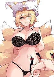 big_breasts blonde_hair bra deetamu female fox_ears fox_girl fox_tail panties ran_yakumo tagme touhou