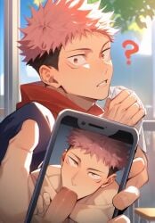 ai_generated belmarkai blowjob fellatio gay itadori_yuuji jujutsu_kaisen looking_at_viewer male male_focus male_only phone phone_screen photo pink_hair sucking sucking_penis yaoi