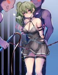 2boys bare_shoulders black_dress bondage bound breasts collar dress female female_focus femsub green_hair highres male monikano multiple_boys pokies purple_eyes restrained rope side_ponytail sousou_no_frieren thigh_strap ubel_(sousou_no_frieren)