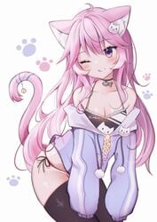 1girls anny_(artist) breasts cat_ears cat_tail cleavage female female_only long_hair nyatasha_nyanners pink_eyes small_breasts tagme thick_thighs virtual_youtuber vshojo