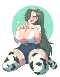 1girls big_breasts blue_shorts blush blushing breasts cow_girl cow_pattern embarrassed embarrassed_female female female_only girl green_hair hair_over_one_eye headwear horns kneeling kneesocks light-skinned_female light_skin long_sleeves looking_at_viewer nervous nervous_smile shorts smile smiling smiling_at_viewer solo solo_female solo_focus thick_thighs thighs