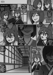 2girls absurdres bad_link comic dialogue english_text fox_ears fox_girl fox_tail highres monochrome tagme trevobutevil