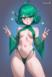 1girls ai_generated double_v female female_only green_bikini green_eyes green_hair green_lipstick green_nails green_outfit lipstick one-punch_man short_hair skimpy skimpy_clothes skimpy_outfit solo tagme tatsumaki v