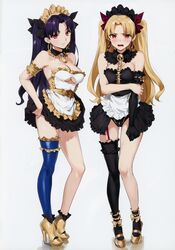 2girls adapted_costume alternate_costume apron arm_under_breasts asymmetrical_legwear ballet_shoes ballet_slippers bangs bare_shoulders black_dress black_hair black_leotard blonde_hair blush breasts cleavage cleavage_cutout detached_collar dress earrings embarrassed enmaided ereshkigal_(fate) fate/grand_order fate_(series) female female_only full_body gold_trim grey_background hair_ribbon heels high_heels highres hoop_earrings ishtar_(fate) jewelry leotard long_hair looking_at_viewer maid maid_apron maid_headdress medium_breasts multiple_girls necklace open_mouth orange_maru panties parted_bangs red_eyes ribbon scan short_dress showgirl_skirt simple_background single_sleeve single_thighhigh skull smile spine standing strapless strapless_dress thighhighs tiara two_side_up type-moon underboob_cutout underwear waist_apron white_dress yang-do