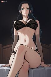 1girls bare_arms bare_legs bare_shoulders bare_thighs big_breasts black_hair blue_eyes blush bra clothed clothing color female female_focus female_only green_eyes hi_res large_breasts light-skinned_female light_skin lingerie long_hair looking_at_viewer nico_robin one_piece panties prixmal shounen_jump solo solo_female tagme thick_thighs underwear