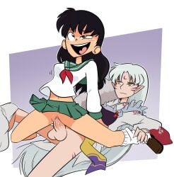 aroused black_hair clothed_sex demon_boy enjoying eyes_rolling_back inuyasha joshin kagome_higurashi laying_down laying_on_back moaning moaning_in_pleasure no_panties open_mouth penis_in_pussy reverse_cowgirl_position riding_penis school_girl school_uniform sesshoumaru slutty_teenager teen_girl teenage_girl teenager unamused white_hair