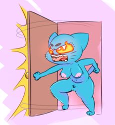 absurd_res angry anthro belly blue_body blue_fur breasts cartoon_network domestic_cat door exposed_breasts fangs felid feline felis female fire flaming_eyes fur genitals hi_res mammal nicole_watterson nude open_mouth pussy sharp_teeth solo teeth teeth_showing the_amazing_world_of_gumball tongue websheck whiskers