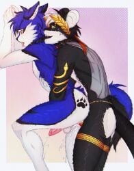 2boys anal anal_orgasm anal_sex anthro anthro_on_anthro anthro_penetrated anthro_penetrating anthro_penetrating_anthro armlet ass balls bedroom_eyes black_body black_hair black_markings black_skin blue_body blue_fur bodily_fluids canid canine canis cheek_tuft collar collar_only cum cum_drip cum_in_ass cum_inside cumshot doggy_style domestic_dog dripping duo ear_piercing ear_ring ejaculation erection eyebrow_piercing facial_piercing facial_tuft from_behind_position fur genital_fluids genitals gold_armlet gold_cock_ring gold_legband hair half-closed_eyes hands-free hi_res highlights_(coloring) humanoid_genitalia humanoid_penis legband lip_piercing looking_pleasured male male/male male_penetrated male_penetrating male_penetrating_male mammal markings narrowed_eyes nose_piercing nose_ring nude open_mouth open_smile orgasm penetration penile penile_penetration penis penis_in_ass perineum philomaeus piercing prostate_orgasm ring_piercing royalty saika076 sash seductive sex simple_background smile standing standing_sex tongue tongue_out tuft white_body white_fur white_highlights yaoi