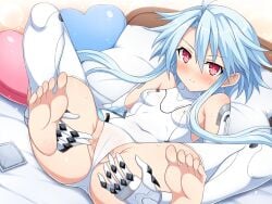armored_gloves ass bare_shoulders barefoot blue_hair blush breasts censored covered_navel covered_nipples elbow_gloves embarrassed female full_body gloves hair_between_eyes heart heart-shaped_pillow highres indoors legs leotard light_frown looking_at_viewer lying medium_hair neptune_(series) neptunia_(series) on_back on_bed pillow power_symbol presenting pussy red_eyes sidelocks skin_tight small_breasts solo spread_legs spread_pussy_under_clothes symbol-shaped_pupils thighhighs thighs white_gloves white_heart_(neptunia) white_leotard yaomai