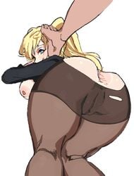 1girls anus ass bent_over blonde_hair blue_eyes darkness_(konosuba) domination female foot_on_face foot_on_head from_behind pantyhose pussy stepped_on stepping_on_face stepping_on_female stepping_on_head submissive submissive_female torn_pantyhose white_background whoopsatro