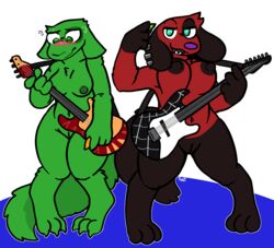 2girls animal_crossing anthro big_breasts blush breasts canid canine canis cherry_(animal_crossing) domestic_dog duo ear_piercing embarrassed embarrassed_nude_exposure female female_only fur furry furry_only genitals guitar guitar_pick hi_res looking_at_viewer mammal musical_instrument naked neumono nintendo nipples nude piercing playing_music plucked_string_instrument pussy standing string_instrument tail trout_(artist) video_games