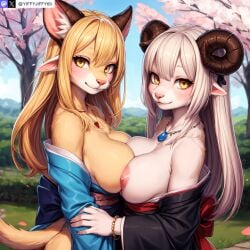 2girls ai_generated animal_ears anthro artist_name blonde_hair bovine breast_press breasts cherry_blossoms curved_horn curved_horns day furry furry_female goat goat_ears goat_girl goat_horns horn horns japanese_clothes jewelry kimono large_breasts long_hair looking_at_viewer multiple_girls necklace nipples off_shoulder outdoors sash smile stable_diffusion symmetrical_docking tail twitter twitter_username watermark white_hair yellow_eyes yiffyjiffy69