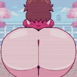 animated animated_gif ass bare_ass bottomless brown_hair clapping_ass friday_night_funkin gif girlfriend_(friday_night_funkin) jiggling_ass no_panties pixel_animation pixel_art red_dress showing_off spicyboi tagme text