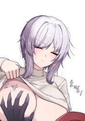 1boy 1girls big_breasts blush closed_eyes clothing dante_(limbus_company) faust_(limbus_company) groping limbus_company project_moon shirt_lift short_hair sweatdrop white_hair