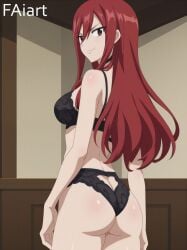 ai_generated ass_focus erza_scarlet faiart fairy_tail large_breasts lingerie looking_at_viewer looking_back red_eyes red_hair smile