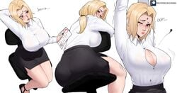 1girls big_ass blonde_hair blush boruto:_naruto_next_generations breasts brown_eyes button_pop cleavage costume echosaber female female_focus female_only fully_clothed huge_breasts long_hair milf naruto office_lady one_eye_closed shirt shounen_jump sitting sitting_backwards skirt solo stretching teacher text tsunade wardrobe_malfunction