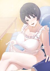 1boy 1girls almost_naked apron apron_lift apron_only barely_clothed big_breasts black_hair blush boruto:_naruto_next_generations breasts cleavage couch crossed_legs faceless_male female female_focus functionally_nude huangyou_boluo_bao huge_breasts kurotsuchi lifted_by_self looking_at_viewer male male/female mature mature_female naked_apron naruto naruto_(series) oppai petite sitting smile solo solo_focus table teasing unseen_male_face wide_hips