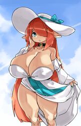 1girls bare_shoulders blue_eyes cleavage collar dress dress_lift female female_only hair_over_one_eye hand_on_cheek hat huge_breasts large_hat light-skinned_female light_skin looking_at_viewer marylene_(hiraeth) pointy_ears red_hair solo sun_hat thick_thighs very_high_resolution very_long_hair zanamaoria