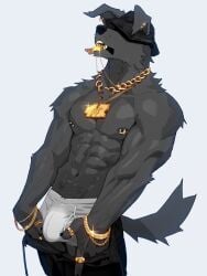 2024 abs anthro areola barazoku biceps big_bulge big_muscles bling bottomwear bottomwear_down bracelet briefs bulge canid canine canis chain_bracelet chain_necklace chains claws clothed clothing domestic_dog ear_piercing ear_ring fur gold_(metal) gold_jewelry gold_piercing grey_background hat headgear headwear hi_res jewelry lens_flare male male_only mammal muscular muscular_anthro muscular_male navel necklace nipple_piercing nipple_ring nipples nomifuki pants pants_down partially_clothed pecs piercing ring_(jewelry) ring_piercing simple_background solo solo_male standing teeth topless topless_anthro topless_male tuft underwear unzipped vein zipper