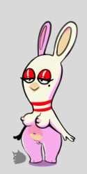 anthro bowling_pin breasts dubiousdunk eyeshadow female genitals grey_background half-closed_eyes lagomorph leporid makeup mammal markings meme mole_(marking) narrowed_eyes pussy rabbid rabbit rabbit_ears raving_rabbids rayman_(series) simple_background smile solo solo_focus standing ubisoft white_body wyer_bowling_(meme)