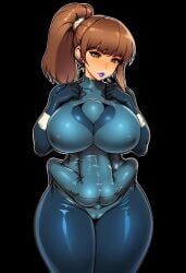 ai_generated bangs civitai clothing_entrapment dominant_female domination femdom head_between_breasts latex latex_bodysuit latex_clothing latex_gloves outline shared_clothes smaller_male smothering_breast submissive_male taller_female trapped_in_clothing